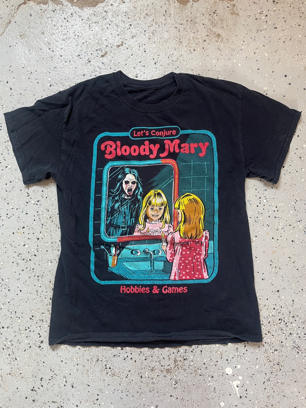 Black Spirit Halloween Bloody Mary Graphic Tee with Turquoise & Pink Accents